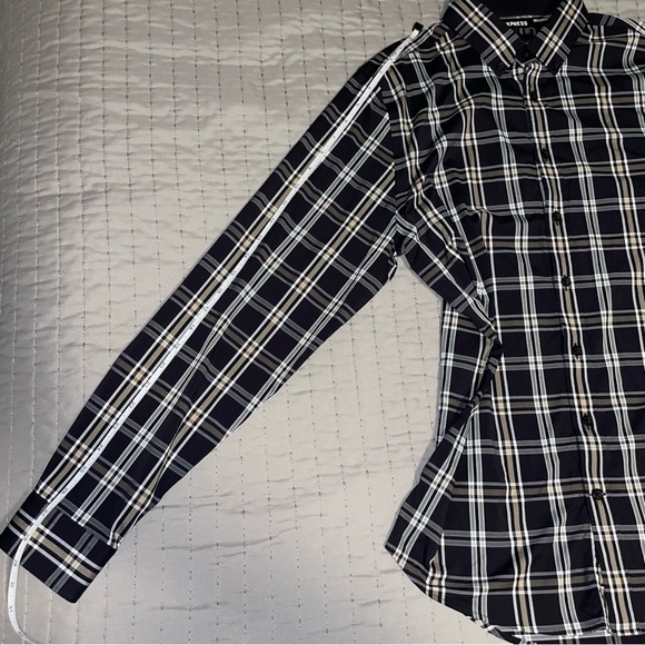 Black/Gold/White Plaid Express Performance Stretch Slim Fit Dress Shirt - Picture 4 of 8
